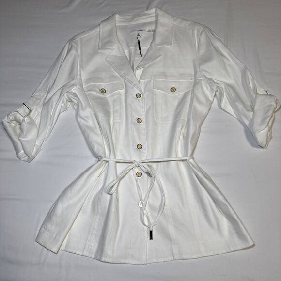 NWT Calvin Klein Linen Blend Ivory Roll Tab Sleeve Button Shirt Jacket M $140 - Picture 1 of 13